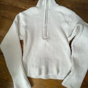 H&M White Ribbed Half Zip Turtleneck Sweater